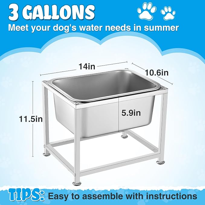 MEWTOGO 3 Gallons Large Elevated Dog Water Bowl, Relief Joint Pressure | 11.5'' H Sturdy Stainless Steel Raised Dog Bowl with Stand for Extra Large Dogs, Easy to Clean & Assemble for Indoor Outdoor