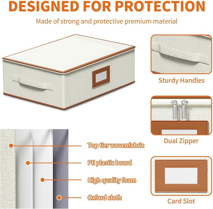 2-Pack Cup Storage Box with Dividers, Hard Shell Mug Organizer with Lid | Holds 24 Mugs, Teacups & Glasses, Quilted, Dual Zippers, Reinforced Handles, Stackable, Moving and Seasonal Storage, Ivory