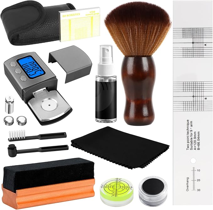 11-in-1 Vinyl Record Cleaning Kit,Turntable Cartridge Alignment Kit with Digital Scale,Azimuth Ruler,Alignment Protractor,Spirit Level,Velvet Brush,Nano Fiber Brush,Stylus Brushes,Cleaning Cloth