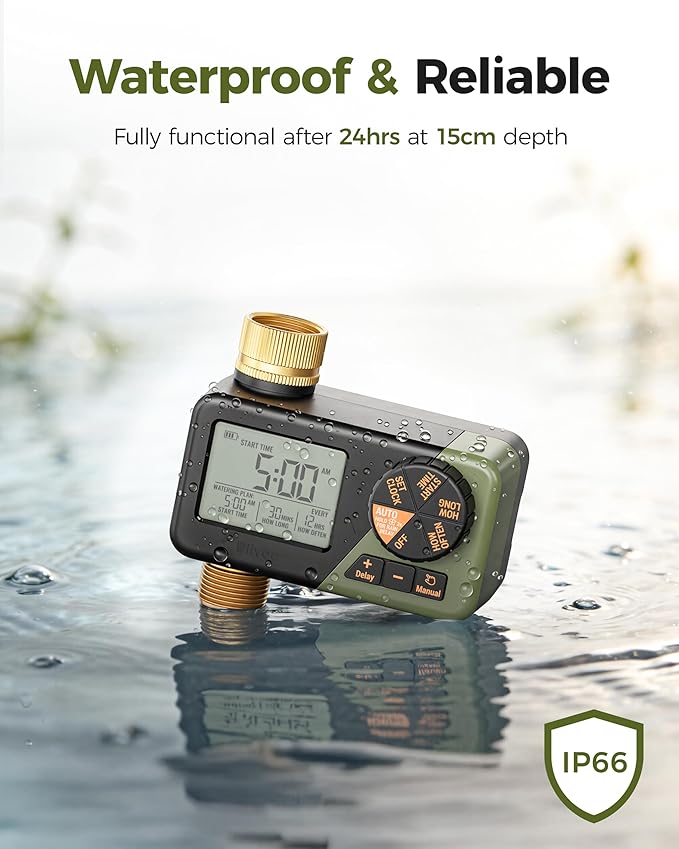 Diivoo Brass Sprinkler Timer, IP66 Waterproof Programmable Hose Timers for Watering with Large Display, Rain Delay & Manual Mode for Outdoor Automatic Irrigation of Garden, Lawn, Yard