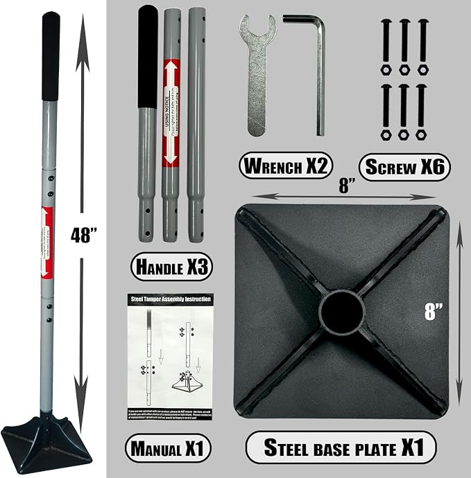 Heavy Duty Steel Tamper 10"x10" with 48 inch Ergonomic Handle and Rubber Foam Grip -Garden Landscaping Hand Rammer Compactor for Earth, Gravel and Dirt Pavement Compaction Paver Tool Trash Tamper