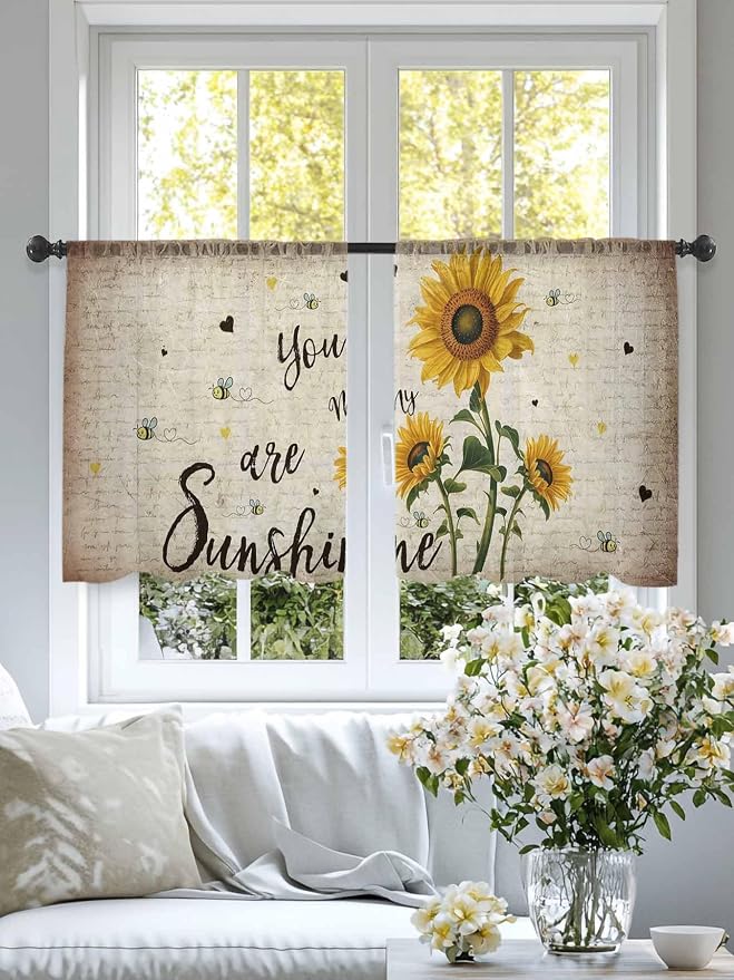 Sunflower Voile Sheer Curtain 54 Inch,Rod Pocket Rustic Yellow Floral Sheer Window Curtain Panels,Vintage Retro Beige Newspaper Letter Short Semi-Sheer Tulle Drape Chiffon Fabric for Living Room