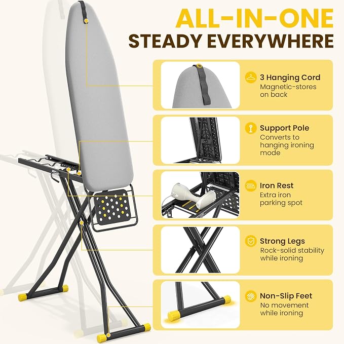 KINGBOARD 2-in-1 Stander & Steam Foldable Ironing Board with Iron Rest | 13 x 43 inchs, Height Adjustable, Alloy Structure, Non-Slip Feet, Space Saving for Laundry Rooms, Bedrooms, Dormitories
