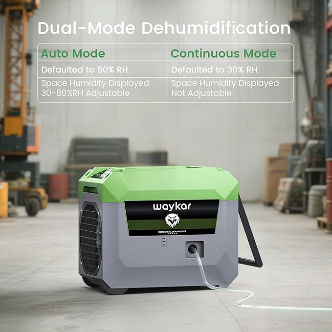 Waykar 150 Pints Commercial Dehumidifier with Pump & Drain Hose, 7,500 Sq. Ft LGR Industrial Dehumidifier for Basements, Job Site, Water Damage Restoration — Stackable & Durable, 5-Yr Coverage