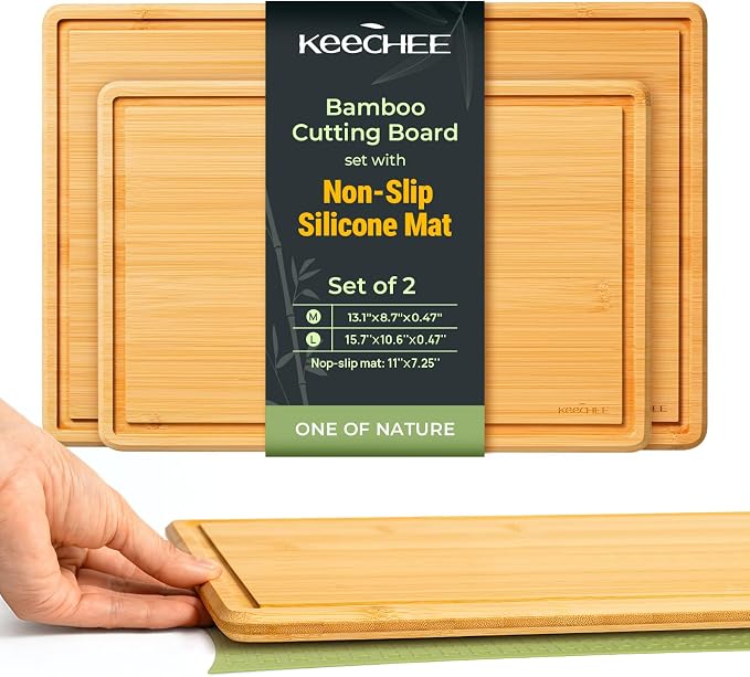 Keechee 2Pcs Cutting Board with Non-slip Mat, Bamboo Cutting Boards for Kitchen Meal Prep & Serving - Wood Serving Board Sets with Deep Juice Groove Ideal Kitchen Gifts