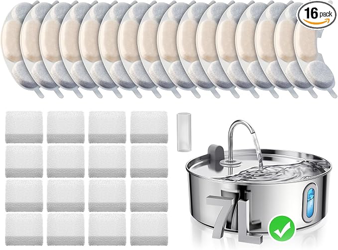 Smartoo Official 16 Packs Filters & Sponges for 7L/236oz Dog Water Fountain | Incl. 1 Pump Holder Replacement for Smartoo Stainless Steel Pet Water Fountain, Durable & Genuine Filter Replacement
