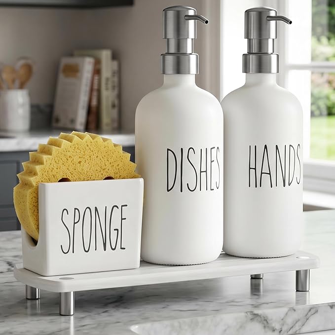 Cisily Kitchen Soap Dispenser Set Comes with Ceramics Sponge Holder, Gold Pumps, and Instant Dry Tray, Hand and Dish Soap Dispenser Set (4, Silver + White + Sponge Holder)