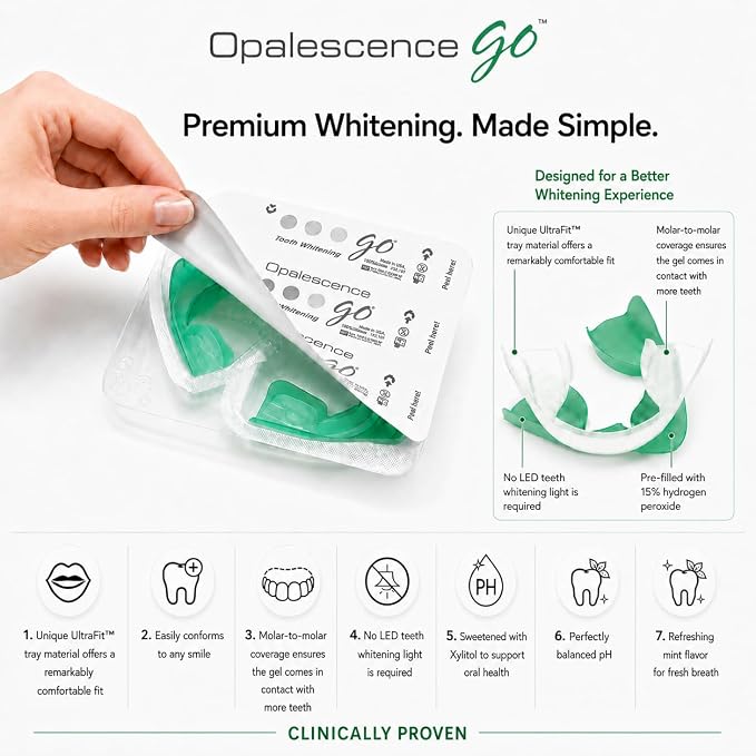 Opalescence GO 15 Teeth Whitening Trays Bundle 15% Hydrogen Peroxide 6238-T | Gel Prefilled Trays - Includes Original Toothpaste Travel Size 1 Oz & 2Chill Toothbrush. Mint - by Ultradent (7 Treatments)