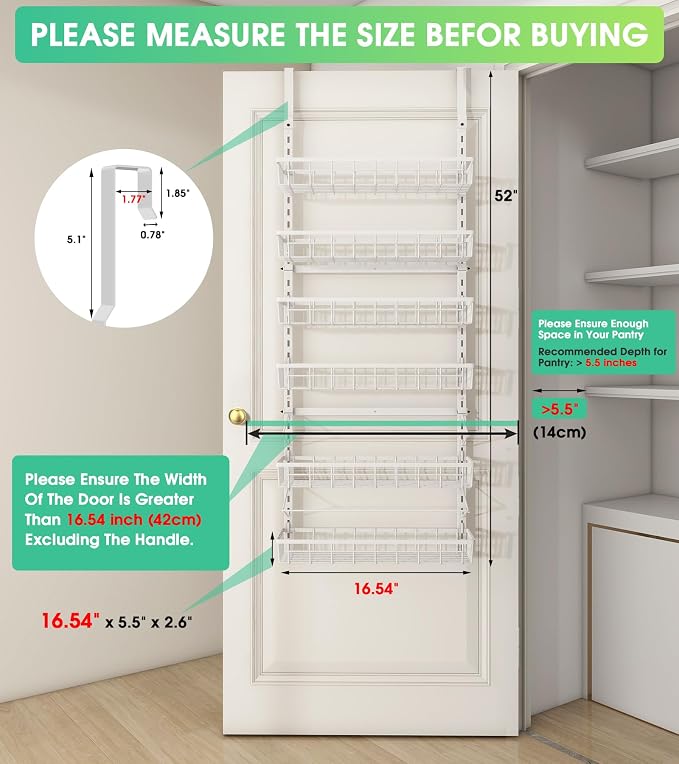 Mefirt Over The Door Pantry Organizer, Wall Mount Spice Rack, Pantry Hanging Storage and Organization, 6 Adjustable Baskets Heavy-Duty Metal for Home & Kitchen, Back of Door Seasoning Rack - White