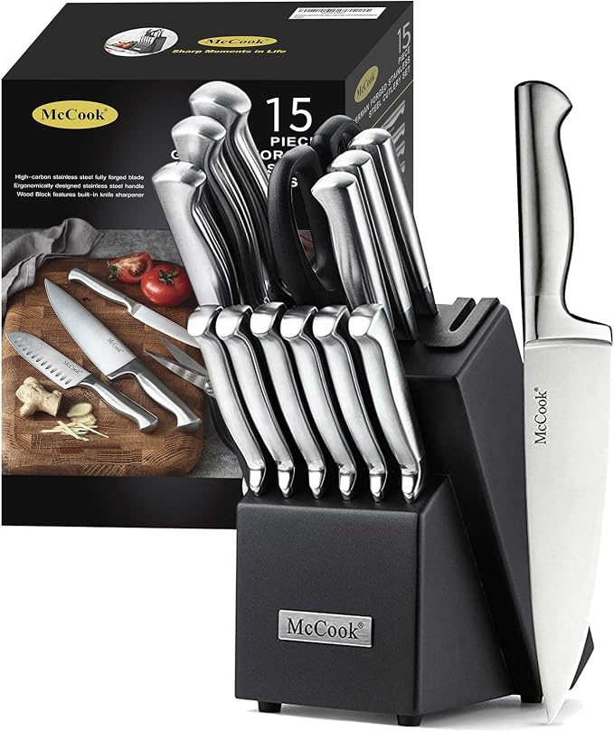 McCook Knife Set Sharp Kitchen Knife Block Set w Built-in Sharpener | German Forged Stainless Steel,15 PC,Razor Sharp,Anti-Rust,Restaurant Grade,Ergonomic Handle,Full Tang,Gift Box