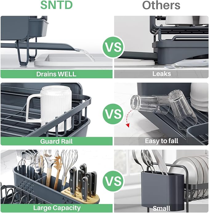 SNTD Dish Drying Rack - Large Dish Racks for Kitchen Counter, Expandable Dish Drainers with Cutlery Holder Stainless Steel Rustproof (Grey)
