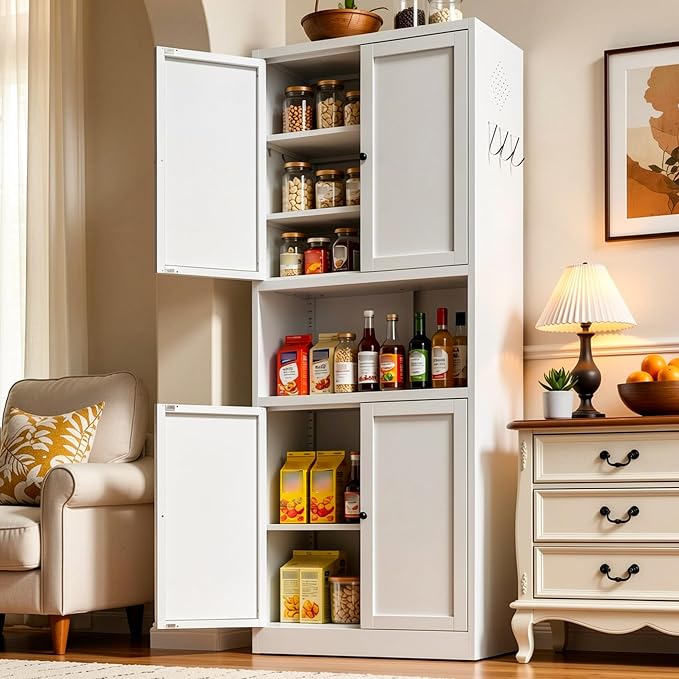 AQY Metal Pantry Cabinet, 72" White Kitchen Storage Cabinet with Doors | Microwave Stand 3 Adjustable Shelves Freestanding Storage Metal Cabinet Kitchen Organization