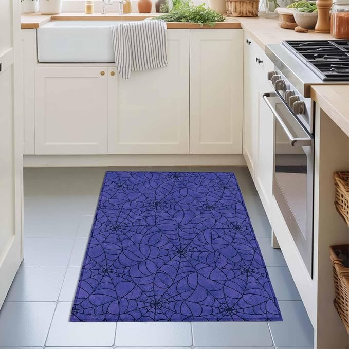 Entryway Area Rug 2'x3', Navy Blue Halloween Washable Small Area Rugs for Kitchen Bathroom Bedroom Office Laundry, Black Spiders Net Classic Gingham Door Mat Indoor Entrance Floor Throw Carpet