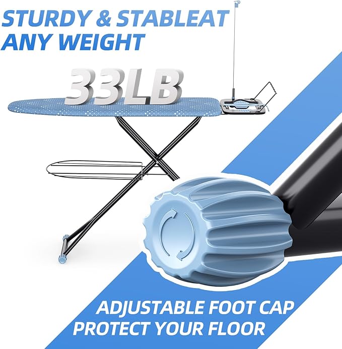KINGBOARD Ironing Board, Compact Iron Board Full Size with Extra Thick Cover, 7 Adjustable Heights Stand with Hanger and Iron Rest, Large Heavy Duty Ironing Board with Storage Tray, 13x43 Blue