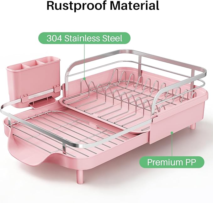 SNTD Dish Drying Rack, Expandable Dish Rack for Kitchen Counter, Stainless Steel Dish Drainer with Drainboard Set and Utensil Holder (Pink)