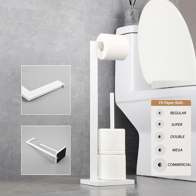 GERZWY SUS 304 Stainless Steel Toilet Paper Stand with Reserve, Free Standing Toilet Paper Holder, White