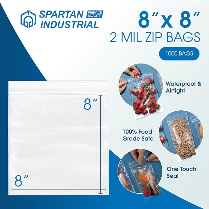 Spartan Industrial - 8” X 8” (1000 Count) 2 Mil Clear Reclosable Zip Plastic Poly Bags with Resealable Lock Seal Zipper