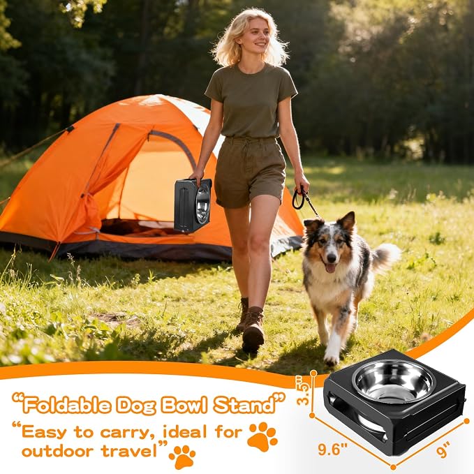 COMESOON Elevated Dog Bowls, 5 Adjustable Heights (3.9"-13.4") Raised Dogs Food Bowl Stand for Medium Large Sized Dogs, Non-Slip Foldable Travel Pet Feeder Black with Stainless Steel Bowls