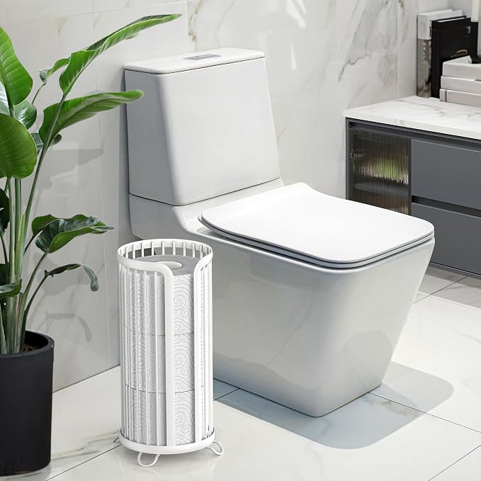 Bunoxea Toilet Paper Holder Stand, Freestanding Toilet Tissue Organizer, Minimalistic Storage Solution, Reserve Mega Rolls,Modern -2PACK White