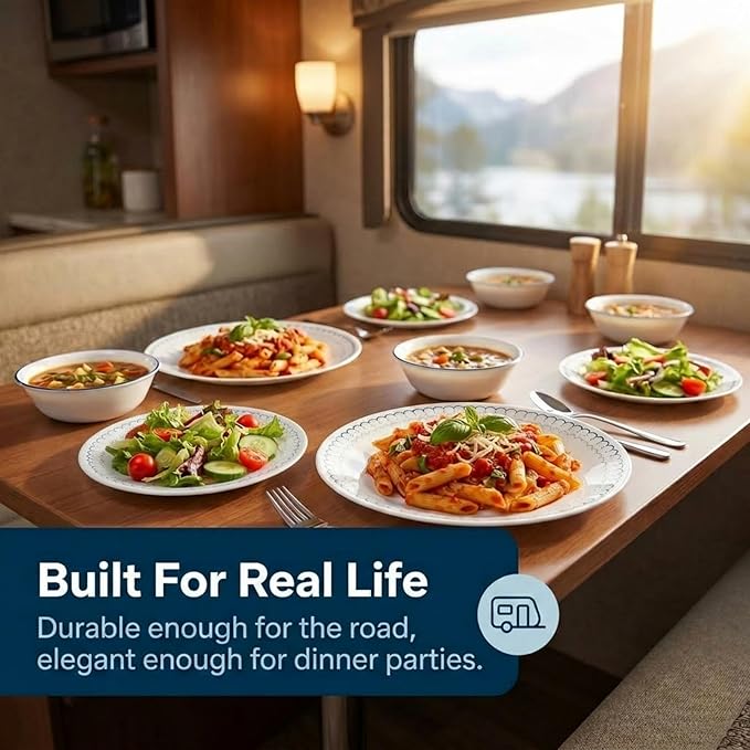 Corelle 18-Piece Dinnerware Set Service for 6, Lightweight Round Plates and Bowls Set, Vitrelle Triple Layer Glass, Chip Resistant, Microwave and Dishwasher Safe, Caspian