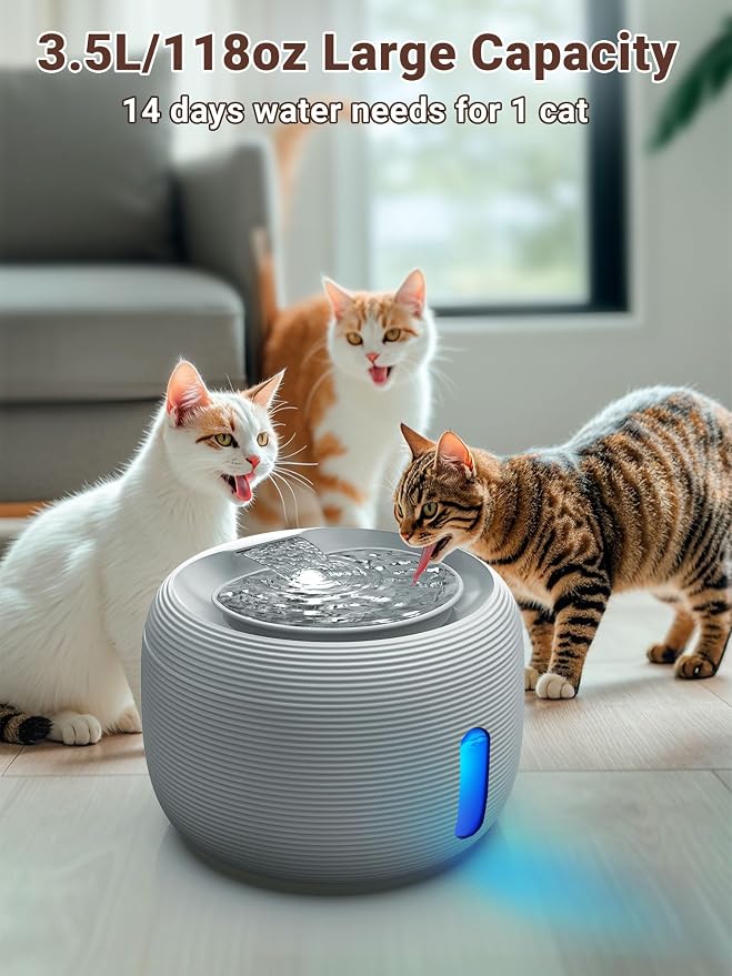 Kastty 3.5L/118oz Large Capacity Cat Water Fountain for Cats Indoor,FS77 | Quiet Pet Water Fountain Water Level LED Light Multi-Filtration, Automatic Cat Fountains for Drinking Easy Cleaning (Grey)