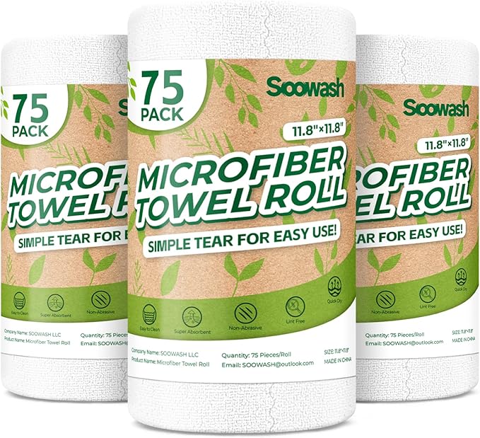 Microfiber Cleaning Cloths Roll, 225 Pack Tear Away Microfiber Towels Roll, 12" x 12" Lint Free Rags, Reusable Cleaning Cloths, Washable, Scratch Free,Ultra Absorbent Dish Rags(White)