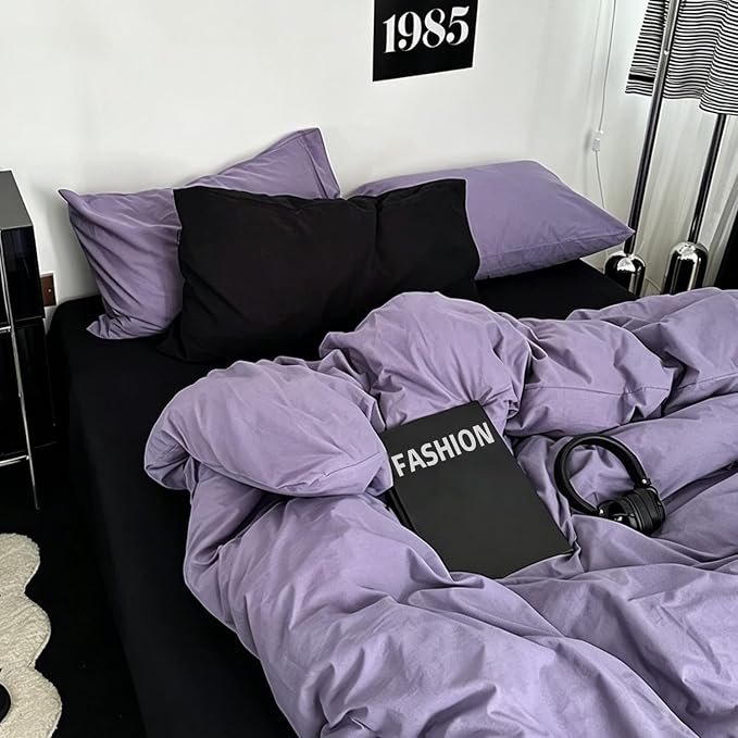 mixinni Solid Purple Duvet Cover Set Queen Size - 100% Washed Cotton 3-Piece Minimalist Bedding Set, Ultra Soft Breathable Solid Color Purple Comforter Cover with Zipper & Corner Ties, King Size