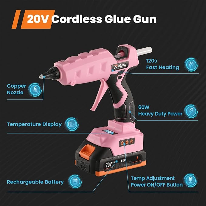 Full Size Cordless Glue Gun, GoGonova 20V Temp Adjust LCD Digital Display Fast Heating Accurate Dual Temp, Dripless Full Size Heavy Duty Hot Gun Kit with 12 Pcs Sticks (Battery Included)