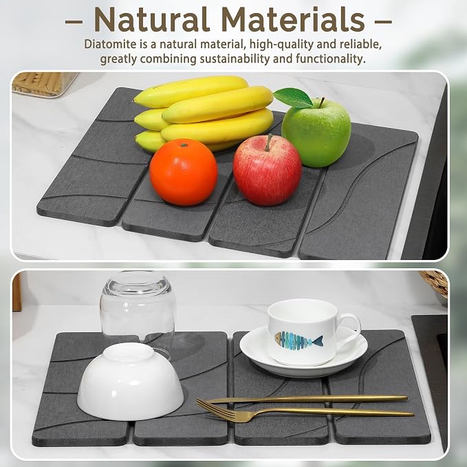 Small Stone Dish Drying Mat for Kitchen Counter, 2 PCS 16"×12" & 8"x4" Quick Dry Stone Mats, Foldable Water Absorbing Diatomite Drying Dish Pad for Countertop Bottles Utensils Cups(Carved Gray)