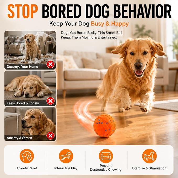 Interactive Dog Toy Ball - Automatic Self-Moving Bouncing Smart Dog Ball with E-TPU Chewproof Material, Motion-Activated 2 Modes, USB Rechargeable, IPX7 Waterproof for Small Medium Large Dogs
