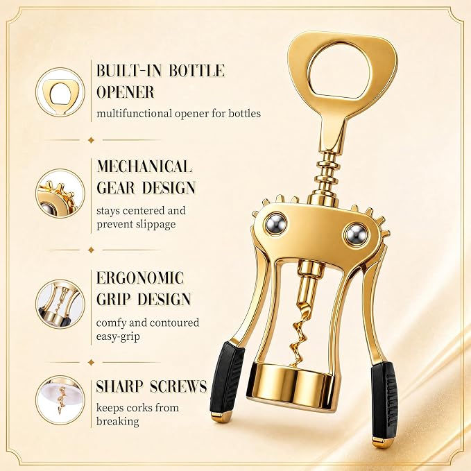 Hushee 5 Pcs Wing Corkscrew Opener, Zinc Alloy Heavy Duty Multifunctional Wine Bottle Opener for Restaurant, Bar, Waiters, Ideal for Wedding Shower Party Favors Gifts (Silicone,Gold)