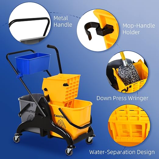 HOMCOM Mop Water Bucket Wringer Cart, Double Mop Bucket, 2 x 6.9 Gallon | Side Press Wringer, Smooth Wheels, Mop-Handle Holder, Easy to Use