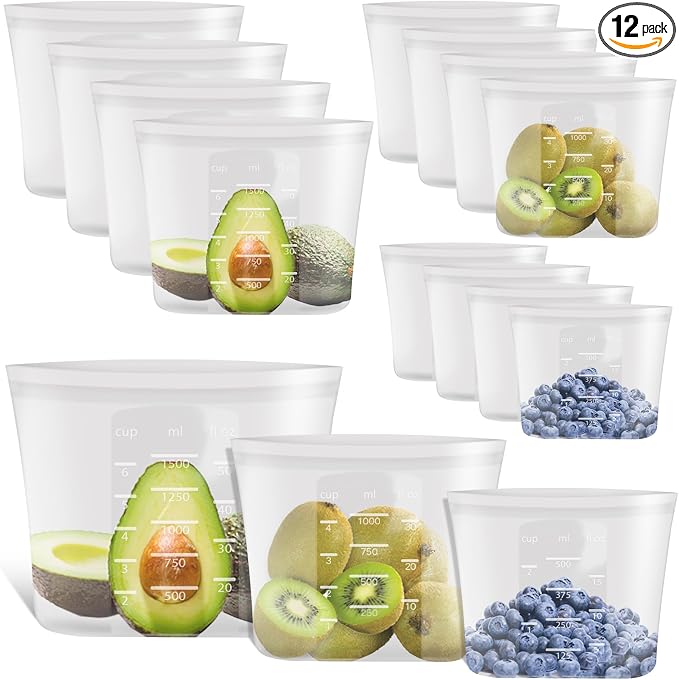 100% Platinum Silicone Reusable Storage Bags, 12 Pack, Premium Silicone Food Storage Bag Stand-Up Wide-Mouth Zip-Lock, Microwave Dishwasher Safe, 4 M + 4 S + 4 XS, Crystal-Clear