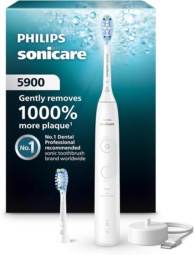 Philips Sonicare 5900 Series Electric Toothbrush, Pressure Sensor, 6 Brushing Settings, SmarTimer, BrushPacer, 21-Day Runtime, Gentle Professional-Clean Feel, for Sensitive Gums, White, HX7130/02