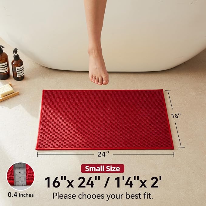 Triohero Bathroom Rugs Non Slip Washable, Super Absorbent Thin Bath Mat Small Quick Dry Low Pile Bathroom Rug, Red 16"x24"