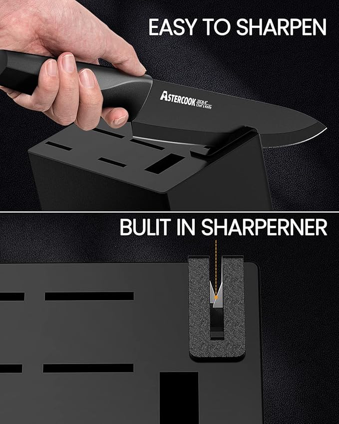 Astercook 15 Pieces Kitchen Knife Block Set with Sharpener, Black | Built-in Sharpener Block, Dishwasher Safe, German Stainless Steel, Ergonomic Handle, Kitchen Weddings Birthdays Gift