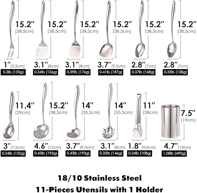 18/10 Stainless Steel Kitchen Utensils Set with Holder for Countertop | 15″ Spatula Spoon Set with Storage Organizer, 12-Pieces, Fork, Tongs, Spatula, Ladle, Skimmer, Turner, Spaghetti, Large Spoon