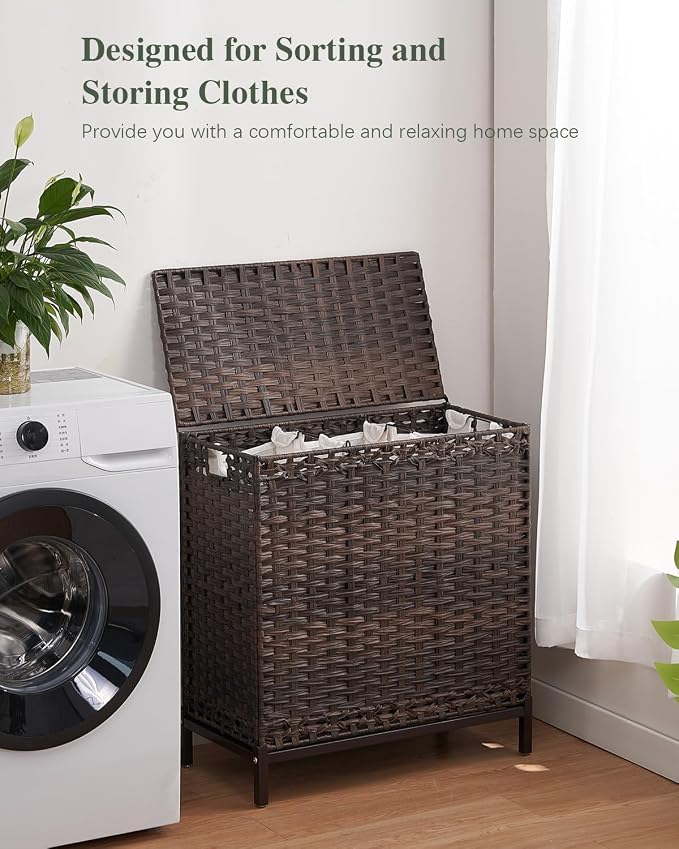 SETVSON Laundry Hamper with Lid, 35 Gal 3-Bag Clothes Sorter, Brown | Large Family Laundry Trunk with Lid, 3 Compartment Sorting Liner, 6 Wash Bags, Elevated PE Rattan Bin with Handles