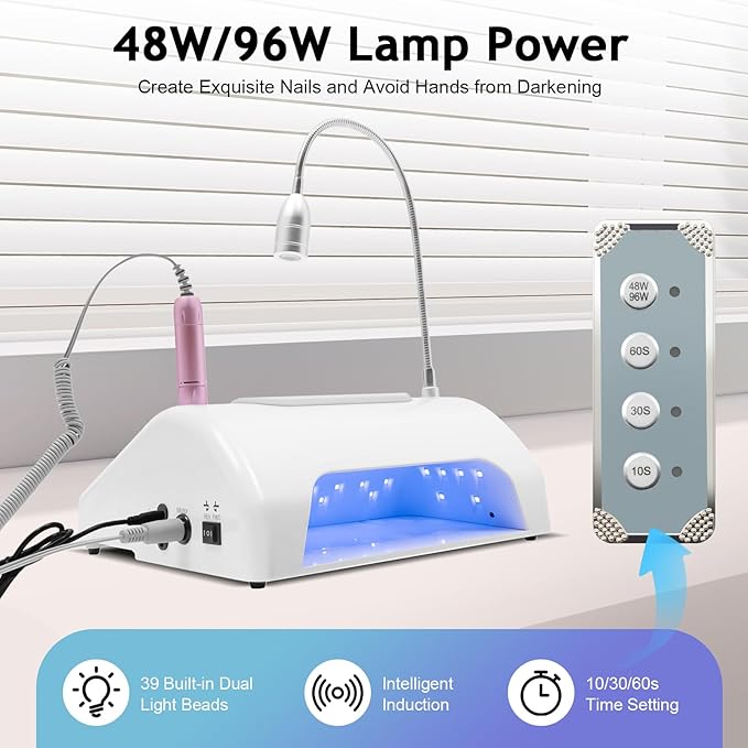 Gropyong 5 in 1 Nail Dust Collector for Polygel Acrylic Nails with Electric Nail Drill+UV Gel Nail Dryer Lamp+LED Desk Lamp+Hand Cushion,Professional Dust Collector for Nails Salon & Home Manicure