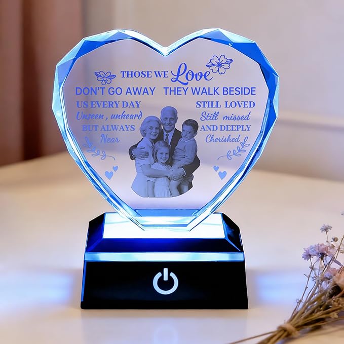 ZHSHWAT Personalized Photo Heart-Shaped Crystal Memorial Night Light - Sympathy Gift for Loss of Loved One, Bereavement Remembrance Decor for Desk, Nightstand, Funeral