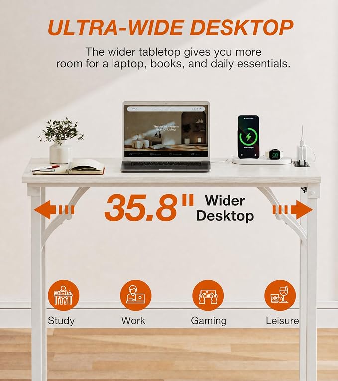 XBurmo Small Folding Desk Folding Table, No Assembly Foldable Desk Gaming Desk, 35.8-Inch Computer Table Workstation with 2 AC Outlets and 2 USB Ports for Bedroom and Home Office, White Ash