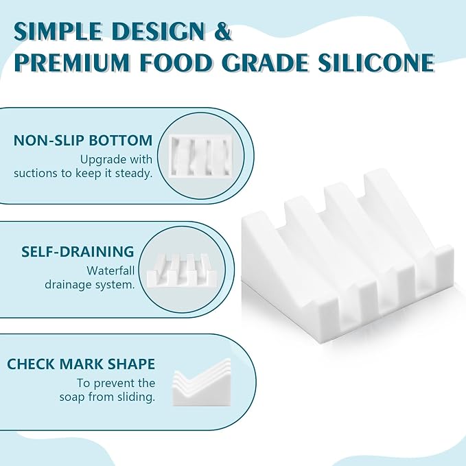 Self Draining Soap Dish Holder,Silicone Soap Dish,for Bathroom,Kitchen, Sponges，Can Extend Soap Life，Keep Soap Bars Dry and Easy Cleaning (N-White,3-Pack)