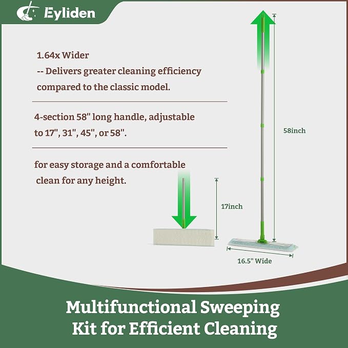 Eyliden Large Sweeper Mop, 16.5" Wide - Lock Tight Design No Lost Pads - 34 Disposable Dry & Wet Cloths, 58" Adjustable Handle, Dust Mops for Pet Hair, Hardwood Floors, Universal Refills