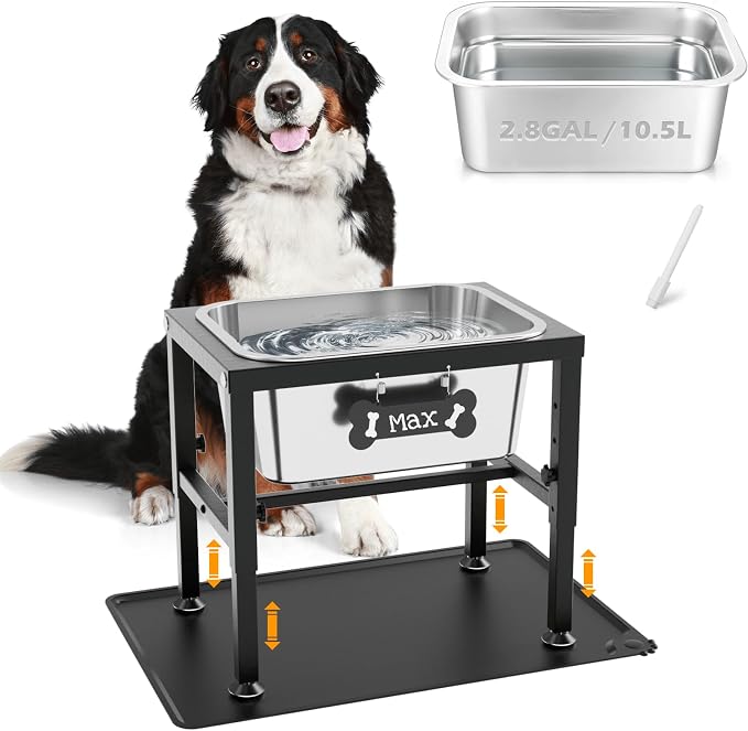 2.8 Gallon Elevated Large Dog Water Bowl with Spill-Proof Mat, 4-Height Adjustable (9.4–14.2'') Raised Dog Water Bowl Stand with Stainless Steel Bowls for Indoor/Outdoor Use