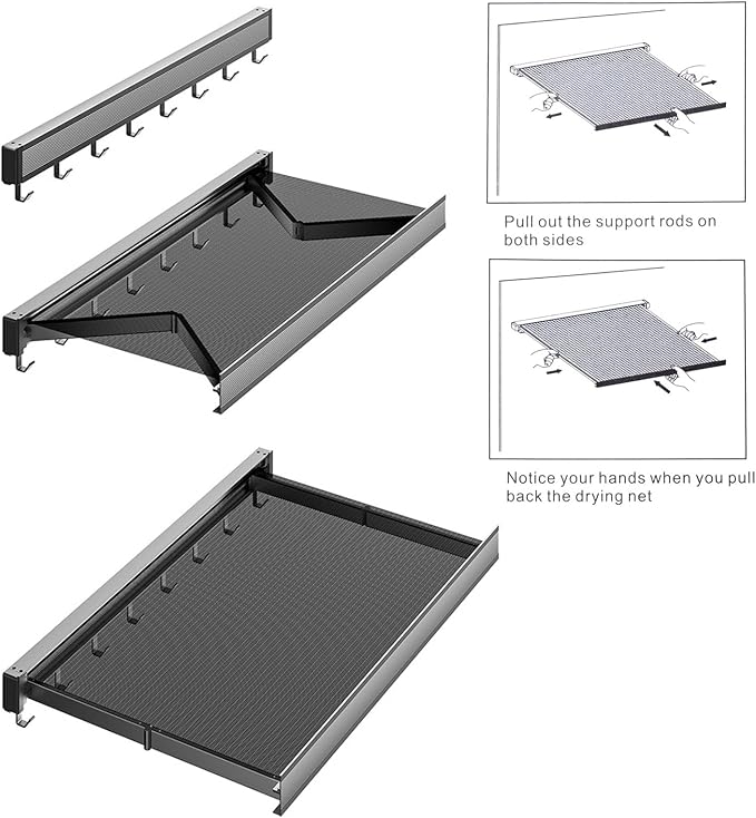 Foldable Bathroom Wall Shelf, Wall Mounted Drying Rack with Adjustable Hook, Air Drying Net, Hidden Telescopic Clothes Drying Rack for Shoes Socks Underwear, Space Saving, Gray/Black/White(Gray)
