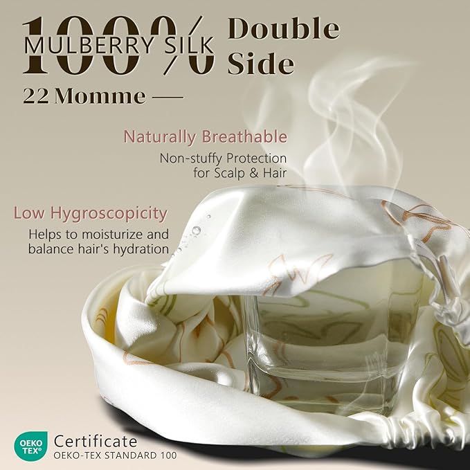 ZIMASILK 22 Momme 100% Mulberry Silk Bonnet for Sleeping & Women Hair Care, Highest Grade 6A Silk Hair wrap for Sleeping with Premium Elastic Stay On Head (1Pc, Ivory - Fruit Line Art)