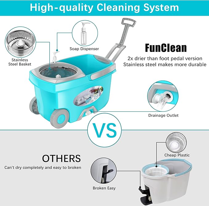 FunClean Spin Mop and Bucket for Home Cleaning, 360° Rotating Floor Mop with Wringer, Adjustable 61" Handle for Back Pain Relief, 6 Microfiber Replacement Heads, 2 Easy-Move Wheels - Blue