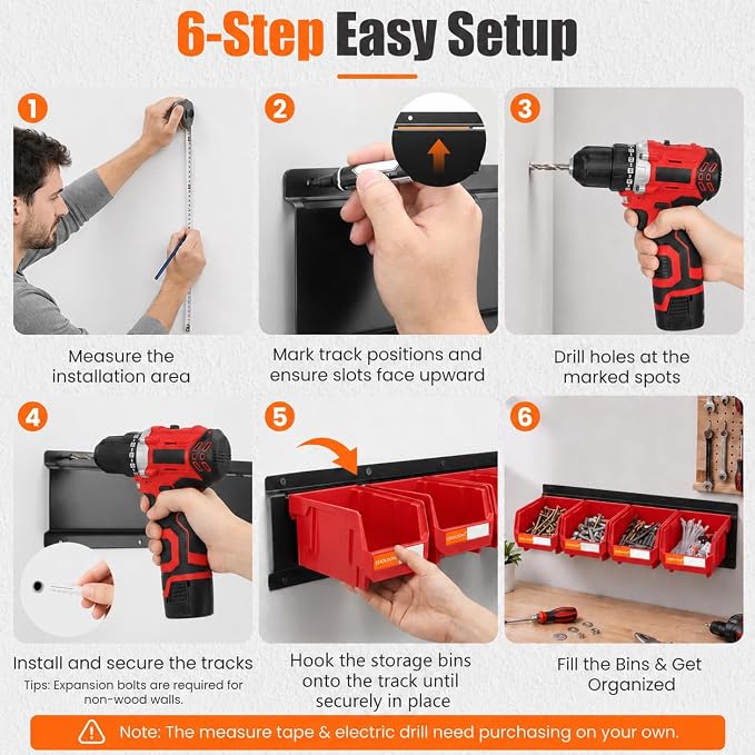 16pc Wall-Mounted Storage Organizer Set with Metal Rails Red | Heavy duty tool organization box with metal rails. Ext 5"x4"x3" for garage screws nuts bolts.