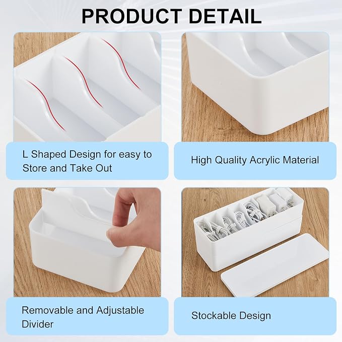 Tatuo 1 Pcs Cable Organizer Box with Wire Ties, Plastic Cord Storage Box with Lid, Electronics Organizer for Home Office Desk Organizers and Accessories (White)