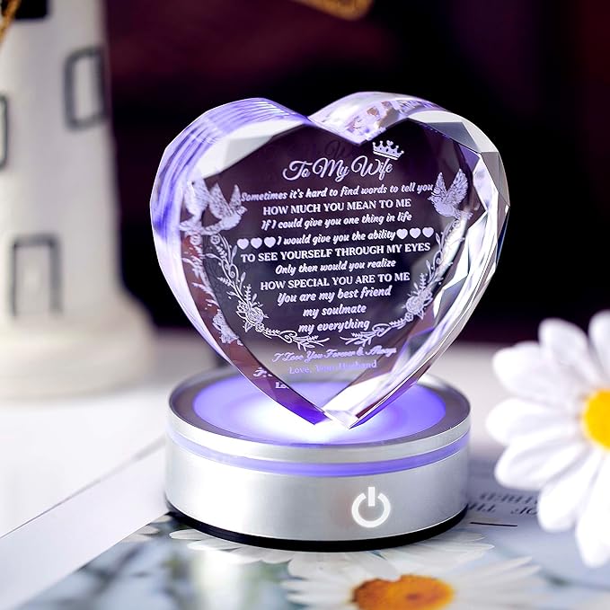 Gifts for Wife with LED Base, Romantic Crystal Keepsakes Presents for Wedding Valentines Day Christmas, Anniversary Birthday Gift for Women from Husband